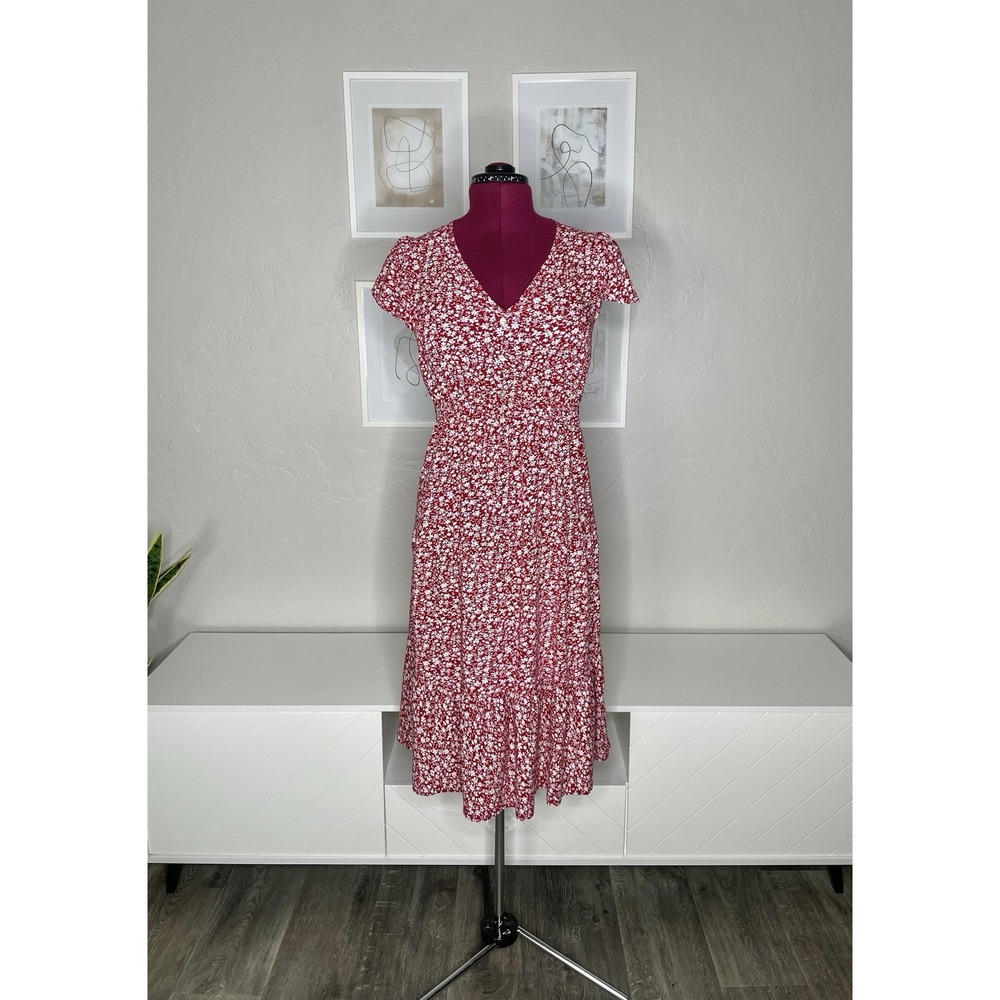 KINDRED Midi Dress Women's L Red Floral Cottage Core Short Sleeve